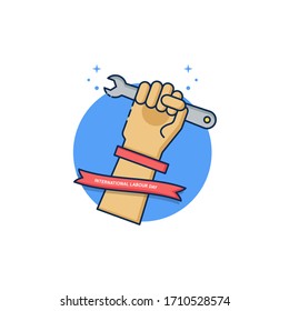 Flat Illustration Vector Graphic of International Labour Day Design Hand Holding on Wrench with Ribbon. Perfect for Greeting Card, Invitation Card, Poster, Banner, Icon, etc.