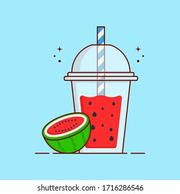 Gráfica Vectorial de Ilustración Plana de sandía de jugo con Copa Transparente y Paja. Es bueno para el menú del libro, banner, Icon, Greetings Card, etc.
