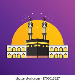 Flat Illustration Vector Graphic of Kaaba with Full Moon in Mecca. Perfect for Brochure, Template, Banner, etc.