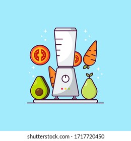 Flat Illustration Vector Graphic of Kitchen Blender, Fresh Fruits, and Vegetables. Good for Your Book Menu, Icon, Social Media Ads, etc.