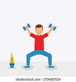 flat illustration vector graphic of man lifting 2 weight at home perfect for campaign at home. health service advertisements. flat design. flat illustration. sports illustration 