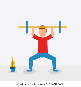 flat illustration vector graphic of man lifting barbells at home perfect for campaign at home. health service advertisements. flat design. flat illustration. sports illustration 