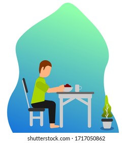 flat illustration vector graphic of man eat Sahur alone good for Ramadan needs. flat design. Muslim illustration.flat illustration.