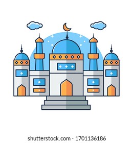 Flat Illustration Vector Graphic of Modern City Mosque with Sky and Cloud. Perfect for Your Banner, Poster, Social Media Design, etc.