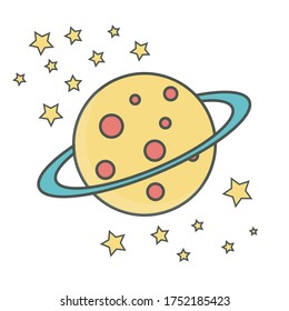 Flat Illustration Vector Graphic of a planet surrounded by ring and stars with filled line style.