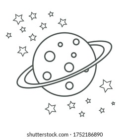 Flat Illustration Vector Graphic of a planet surrounded by ring and stars with line style.