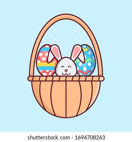 Flat Illustration Vector Graphic of Rabbit, Egg, and Basket Perfect for Happy Easter Element, Web Banner, Social Media, and etc.