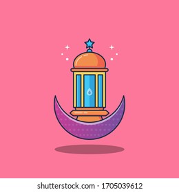 Flat Illustration Vector Graphic of Ramadan Lantern and Moon. Perfect for Your Banner, Brochure, Apps Icon, and etc.