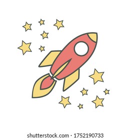 Flat Illustration Vector Graphic of a rocket surrounded and stars in filled line style.