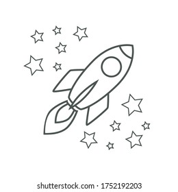 Flat Illustration Vector Graphic of a rocket surrounded by stars in line style.
