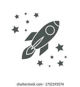 Flat Illustration Vector Graphic of a rocket surrounded by stars in black and white / glyph style.