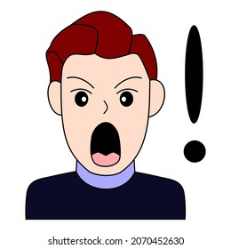 Flat illustration vector graphic of scream, shout and surprise face expression man character with exclamation mark perfect for banner, poster, advertisement