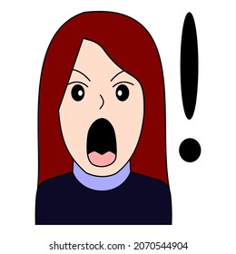 Flat illustration vector graphic of scream, shout and surprised face expression woman character with exclamation mark perfect for banner, poster, advertisement