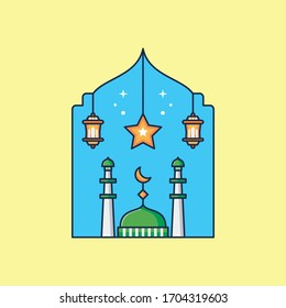 Flat Illustration Vector Graphic of Simple Mosque with Islamic Background and Lantern. Perfect for Brochure, Template, Banner, etc.