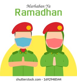 flat illustration vector graphic of soldiers say welcome ramadhan wearing mask good for promotion welcomes Ramadan. flat design. flat illustration.