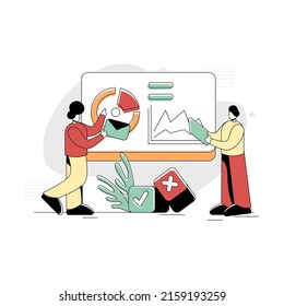 Flat Illustration Vector Graphic Of Staff Training, Concept Of A Boss Testing New Staff In Front Of The Pie Analysis Screen Board, Minimal Retro Style In Green Red Yellow, Perfect For Ui Ux