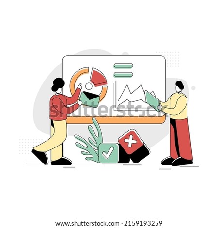 Flat Illustration Vector Graphic of Staff Training, concept of a boss testing new staff in front of the pie analysis screen board, minimal retro style in green red yellow, perfect for ui ux