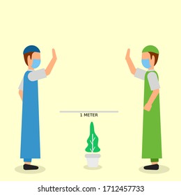 flat illustration vector graphic of two muslim man physical distancing at ramadan perfect for campaign at home. health service advertisements. flat design. flat illustration. 