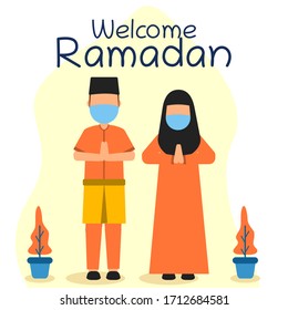 flat illustration vector graphic of welcome Ramadan from melayu couple wearing mask good for promotion welcomes Ramadan. flat design. health service advertisements.