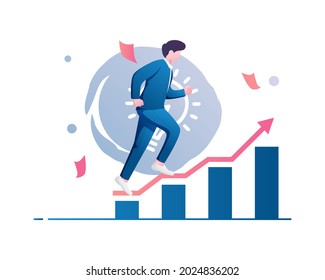 Flat Illustration Vector Graphic Of Young Man Hurry Up Consisting Of Finance Graph. Isolated Concept Male Employee Character Person On Career Growth With Arrow.