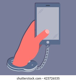 flat illustration vector hand holding mobile phone with handcuffs