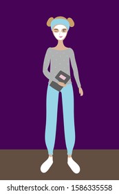 flat illustration vector lady pajamas home time 