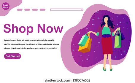 Flat illustration vector landing page template of easy shopping, online shopping, happy shopping. Vector background