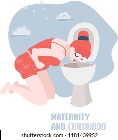 Flat illustration vector of a pregnant woman with nausea and reflux digestive problems in poor health from toxemia and in a girl with a tummy
