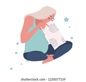 Flat illustration vector of a pregnant woman with nausea and reflux digestive problems in poor health from toxemia and in a girl with a tummy