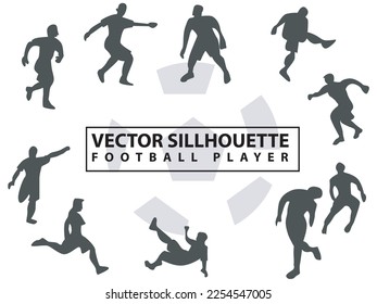 Flachgrafik-Vektorset Menschen Silhouette Football-Spieler mit unterschiedlichem Stil, Fußballspieler, Sport, Kick, Run, Sprung einzeln auf weißem Hintergrund