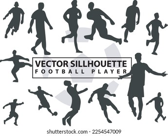 Flachgrafik-Vektorset Menschen Silhouette Football-Spieler mit unterschiedlichem Stil, Fußballspieler, Sport, Kick, Run, Sprung einzeln auf weißem Hintergrund