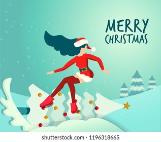 Flat illustration in vector slender girl in traditional suit of Santa Claus rides like snowboard on new year's decorated Christmas tree. Handwritten merry christmas Greeting card. Long hair fluttering