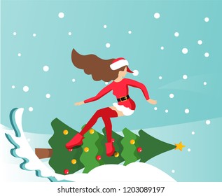 Flat illustration in vector slender girl in traditional suit of Santa Claus snowboards on new year's decorated Christmas tree. Handwritten Christmas is coming. Greeting card with place for text.