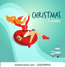 Flat illustration in vector slender girl in traditional costume of Santa Claus drives down from a snowy mountain in red tubing. Handwritten christmas is coming Greeting card. Long red hair fluttering