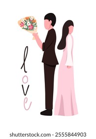 Flat illustration vector of sweet couple standing together and a man holds a bouquet of flowers to give to his girlfriend perfect for engagement, wedding, and romance poster.