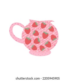 Flat illustration, vector. A teapot decorated with colorful stripes, beads and strawberries. Decorated in soft colors. Beautiful design on the packaging and more.