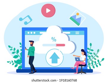 Concepto de tecnología vectorial de ilustración plana, recuperación de archivos, almacenamiento, descarga, música, imágenes, carpetas de transferencia de datos con documentos, seguridad de datos. Correcto guardado.