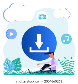 Flat illustration vector technology concept, file retrieval, save, download, music, pictures, data transfer folders with documents, data security. Success saved.