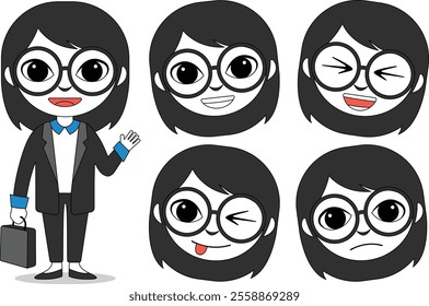 flat illustration vector and various facial expressions. Office girl character design set