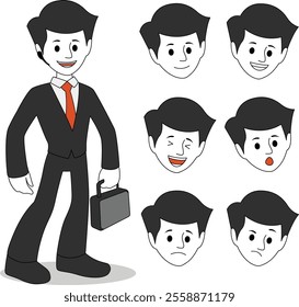 flat illustration vector and various facial expressions office man character design set