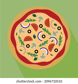 flat illustration of vegan pizza tomato onion oilve  arugula