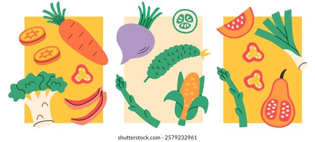 Flat illustration of vegetables including carrot, beet, cucumber, broccoli, asparagus, corn, leek, pumpkin, arranged in decorative cards, ideal for healthy eating, cooking projects.