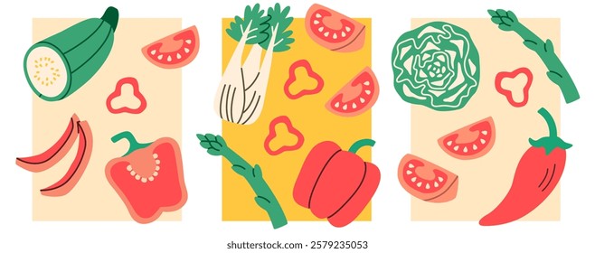 Flat illustration of vegetables including zucchini, pepper, tomato, asparagus, fennel, chili, cabbage, arranged in decorative cards, ideal for healthy eating, cooking projects, fresh food designs.