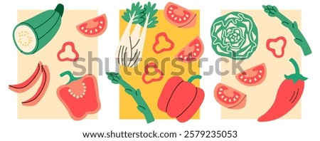 Flat illustration of vegetables including zucchini, pepper, tomato, asparagus, fennel, chili, cabbage, arranged in decorative cards, ideal for healthy eating, cooking projects, fresh food designs.