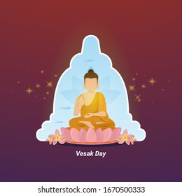 Flat illustration for Vesak day greeting, Buddha is meditating with the background of the temple