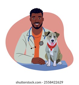 A flat illustration of a veterinarian with a dog 
