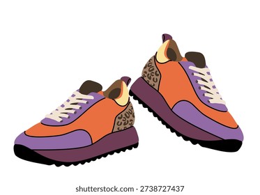 Flat illustration of vibrant patchwork sneakers with orange and purple panels, leopard print accents and bold serrated soles. Modern graphic style isolated on white background.