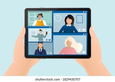 Flat illustration. Video conference. Video call between friends, chatting online by mobile app. Stay at home, work, communication remotely. Vector illustration.