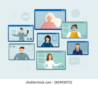 Flat illustration. Video conference. Video call between friends, chatting online by mobile app. Stay at home, work, communication remotely. Vector illustration.