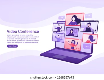 Flat illustration. Video conference. Video call between friends, chatting online by mobile app. Stay at home, work, communication remotely. Vector illustration.